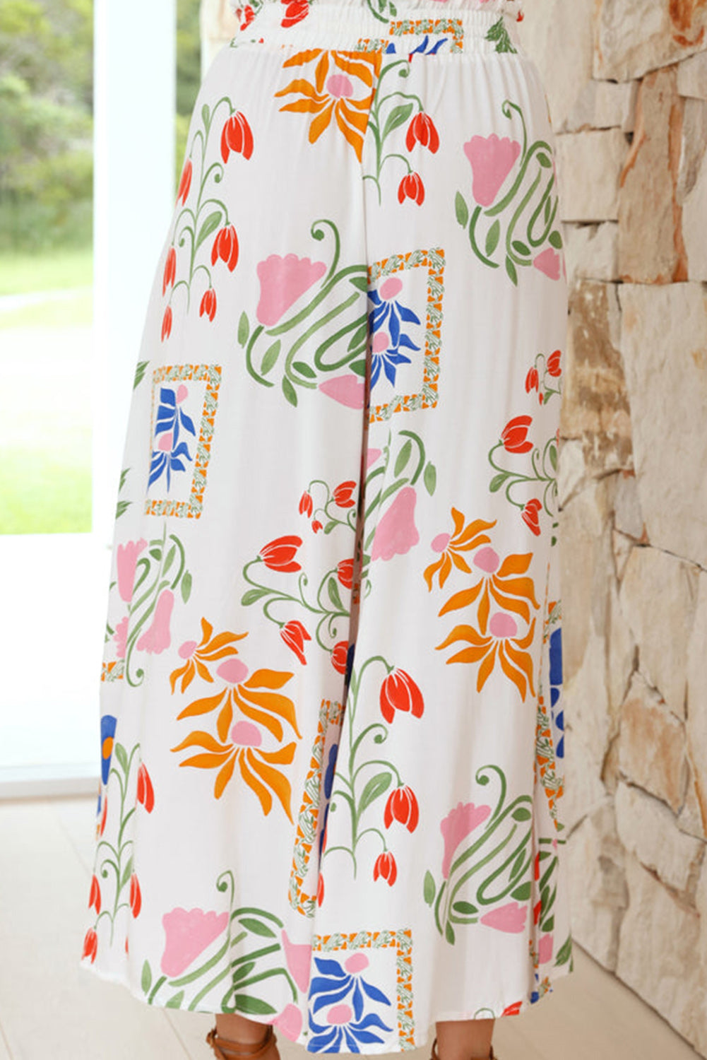 White Colorful Wide Leg Pants Set