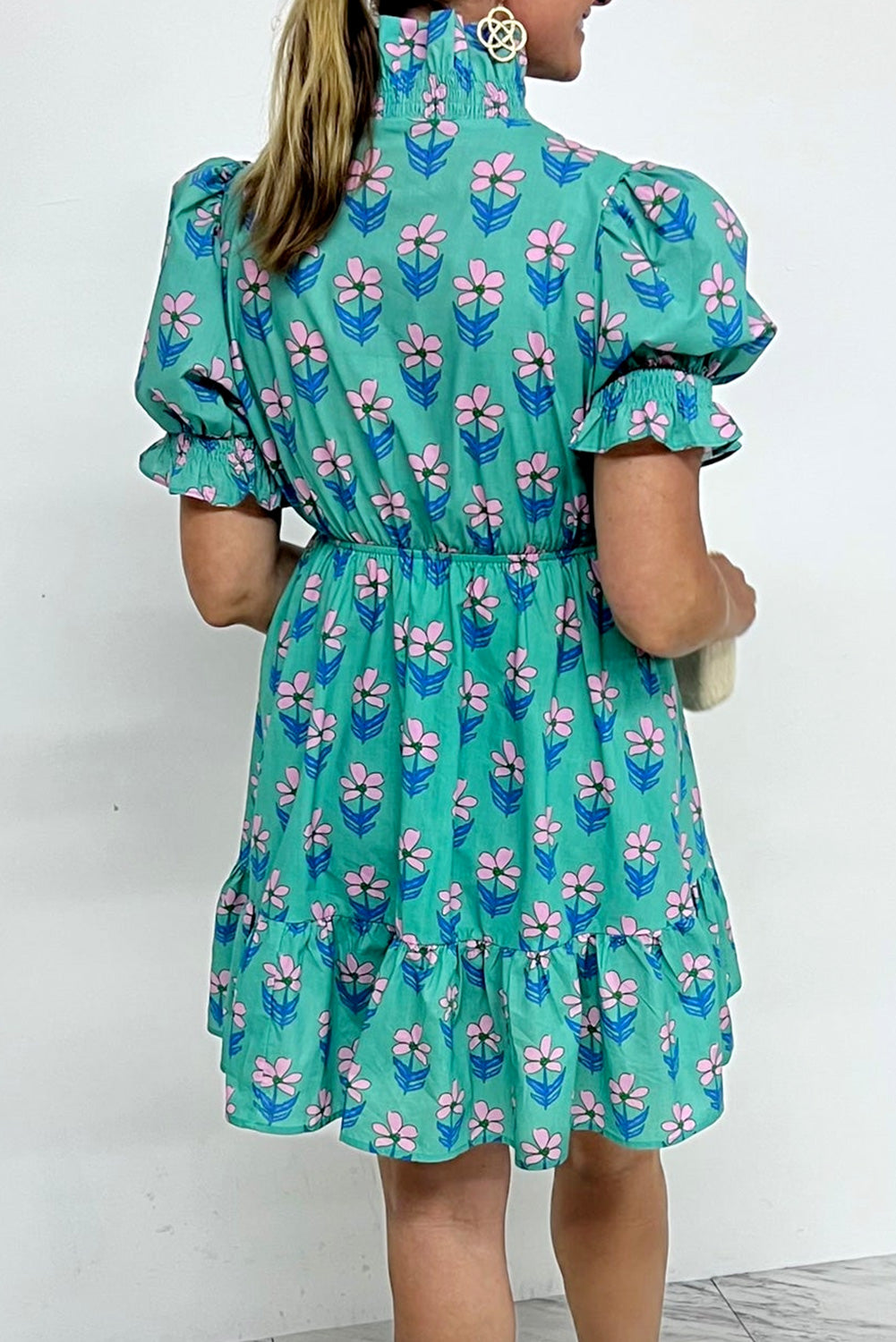 Green Floral Print High Waist Mini Dress