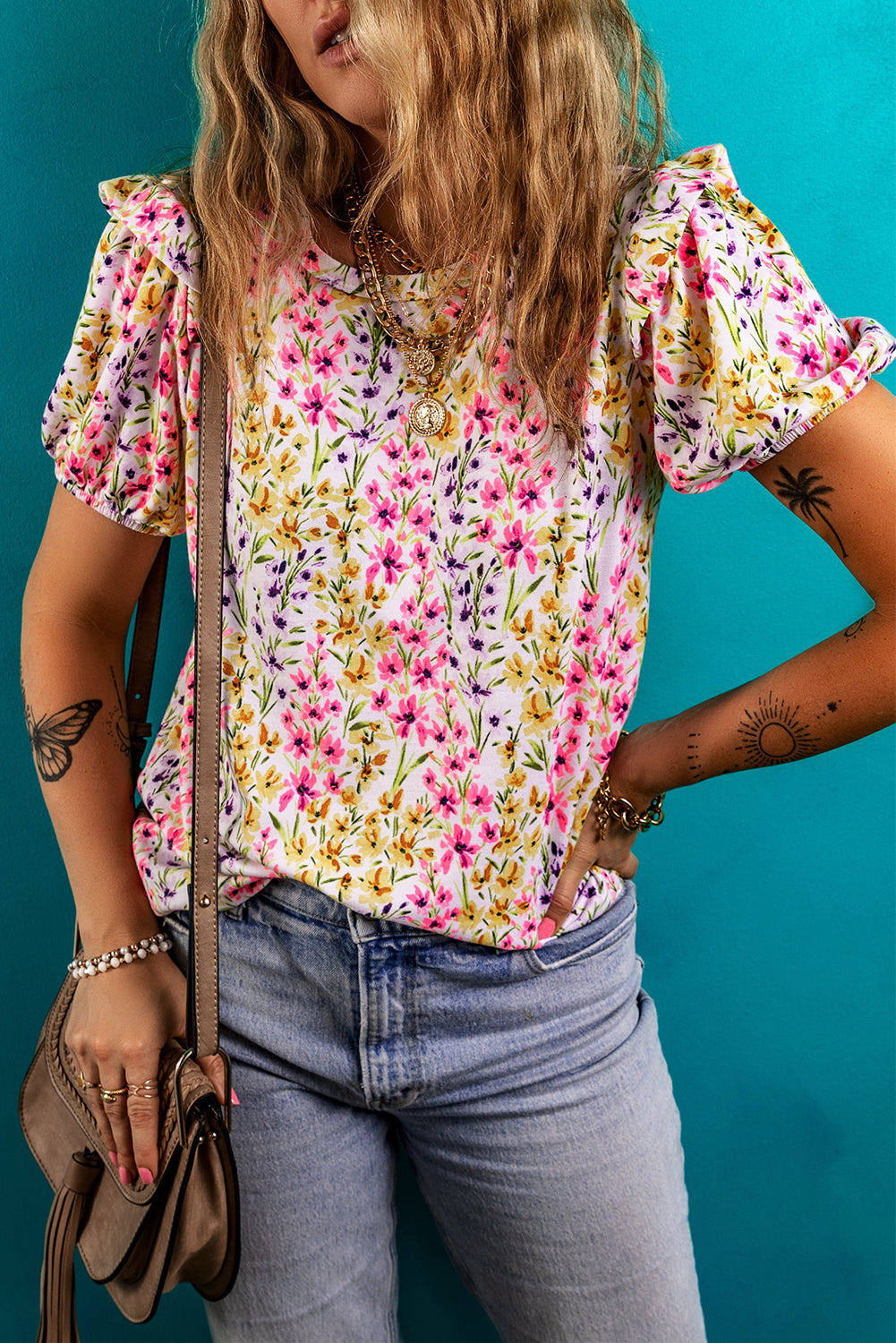 Pink Floral Puff Blouse