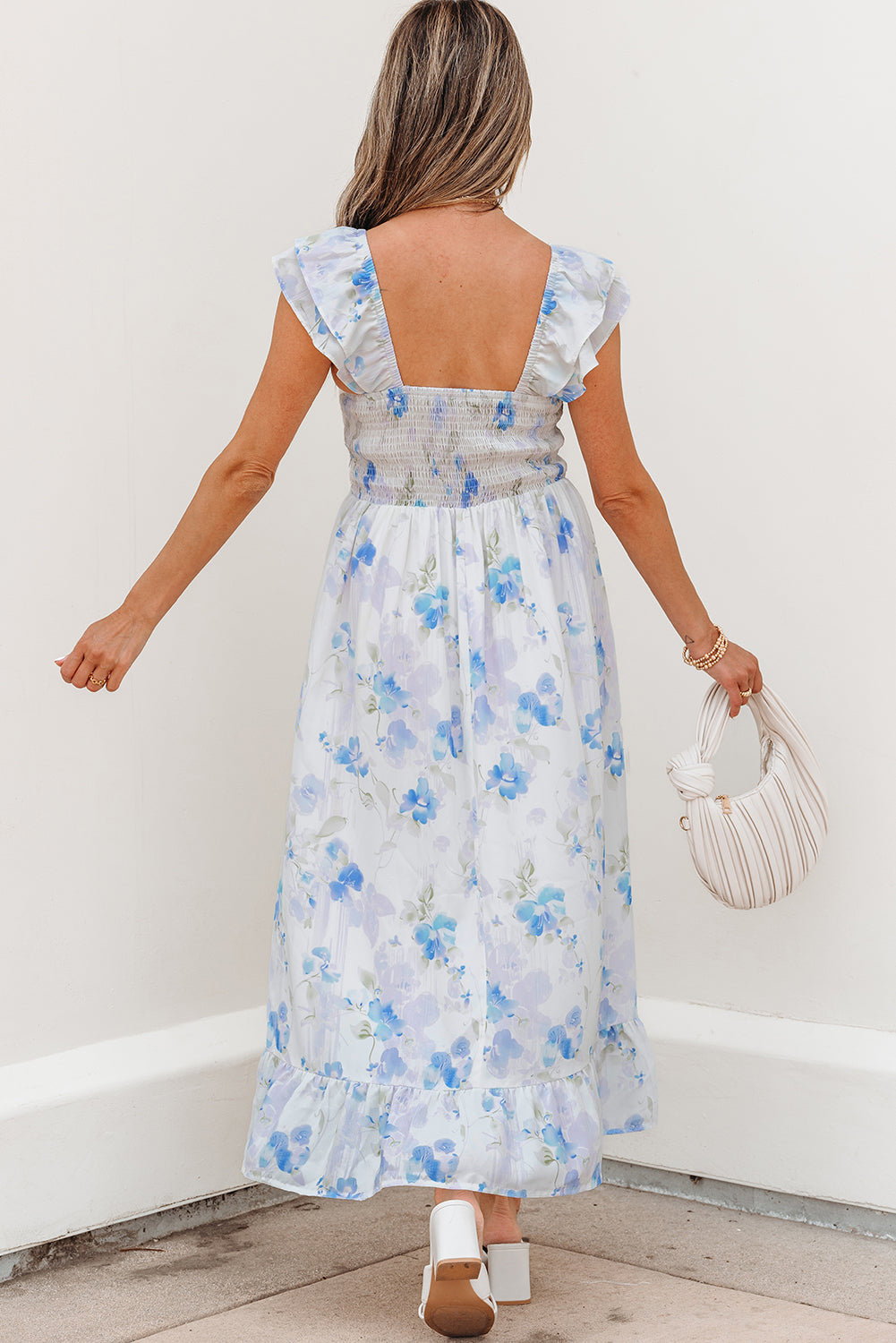 Sky Blue Floral Ruffle Sleeveless Dress