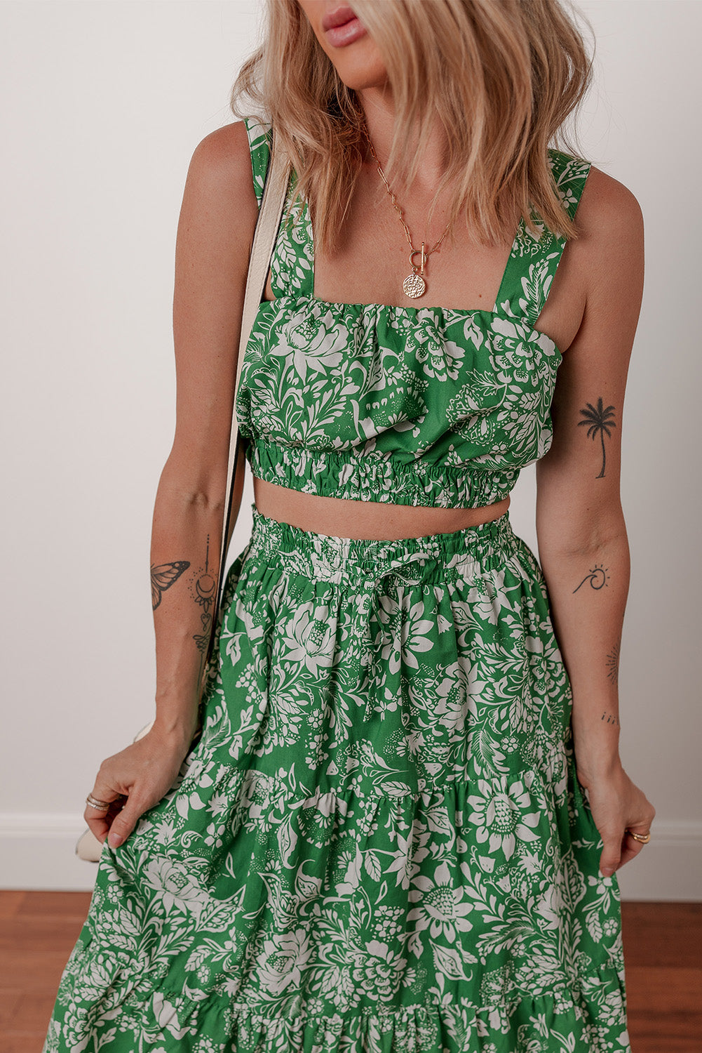 Green Floral High Waist Midi Skirt Set