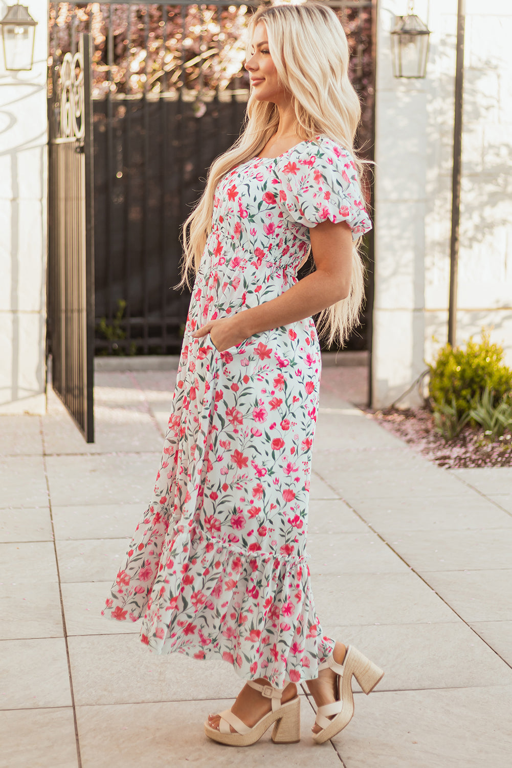 Pink Floral Puff Sleeve Maxi Dress