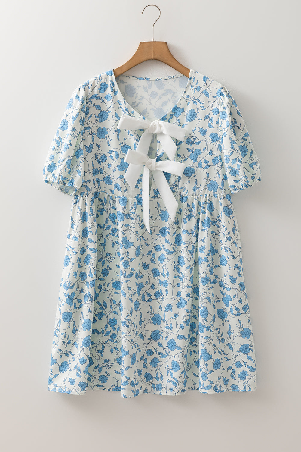 Sky Blue Floral Bow Puff Sleeve Mini Dress