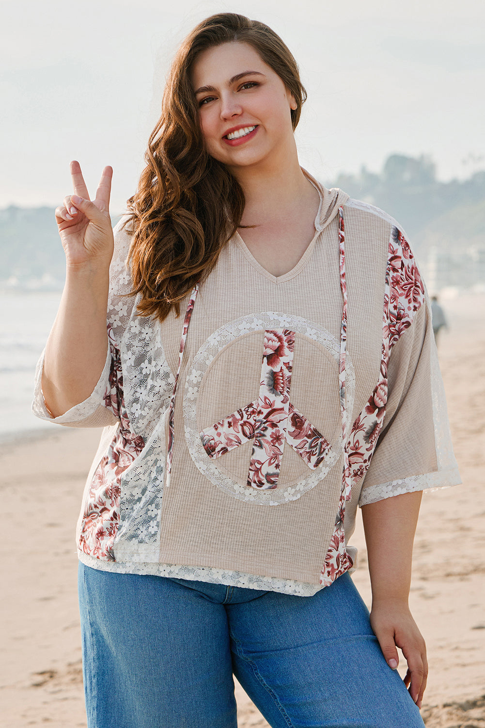 Khaki Floral Peace Sign Hooded Top