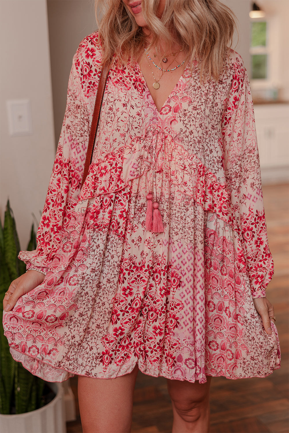 Pink Bohemian Floral Mini Dress