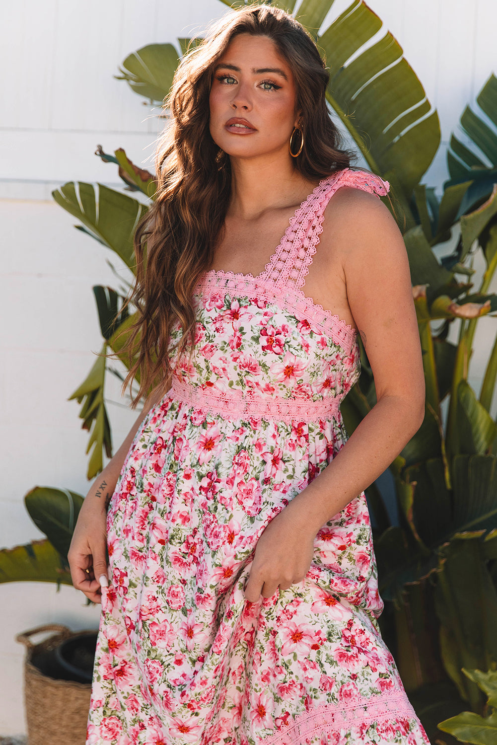 Pink Floral Lace Maxi Dress