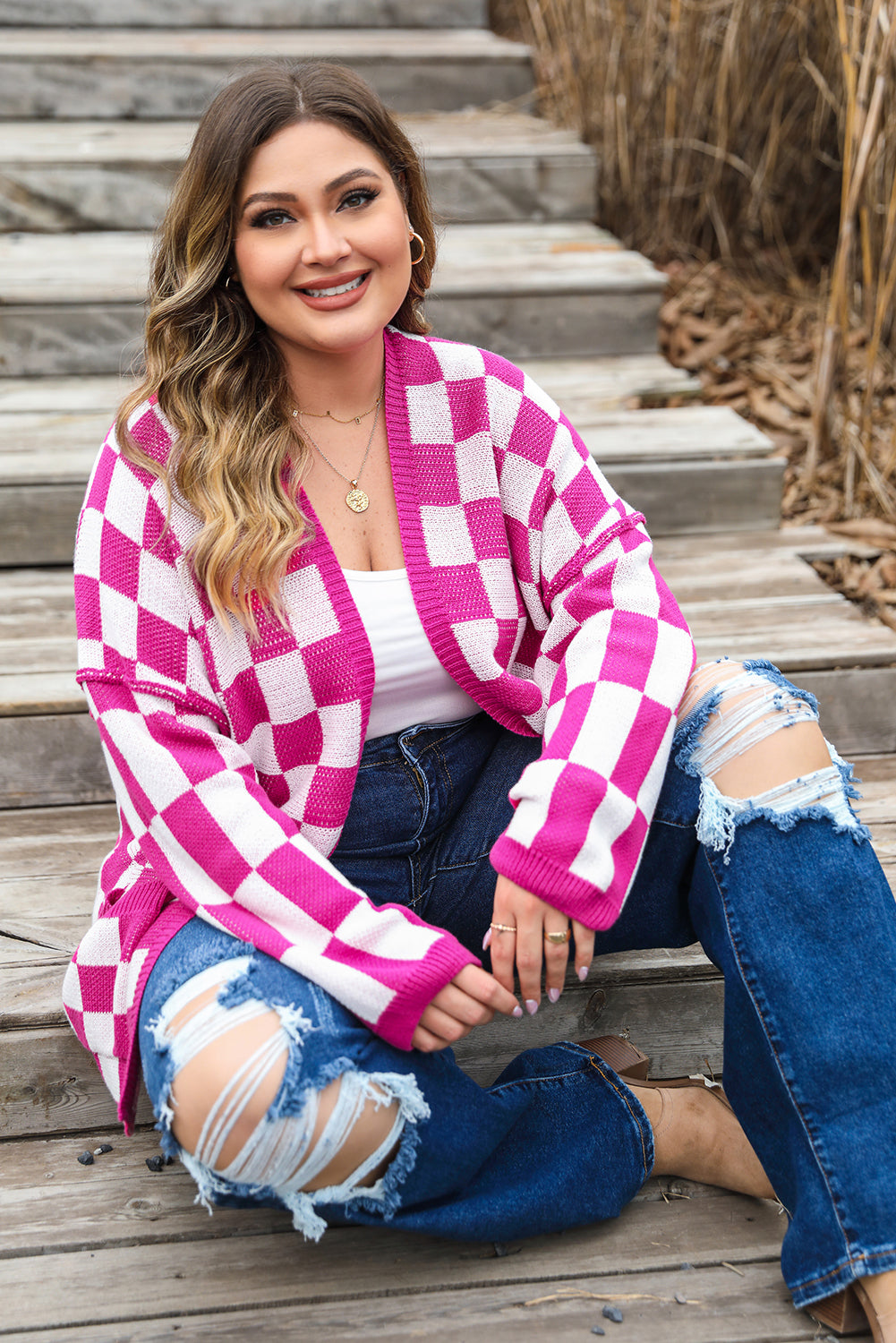Bonbon Checkered Cardigan