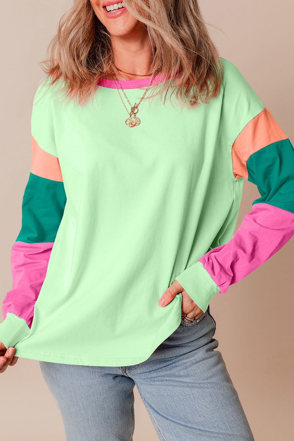 Green Colorblock Long Sleeve  Top