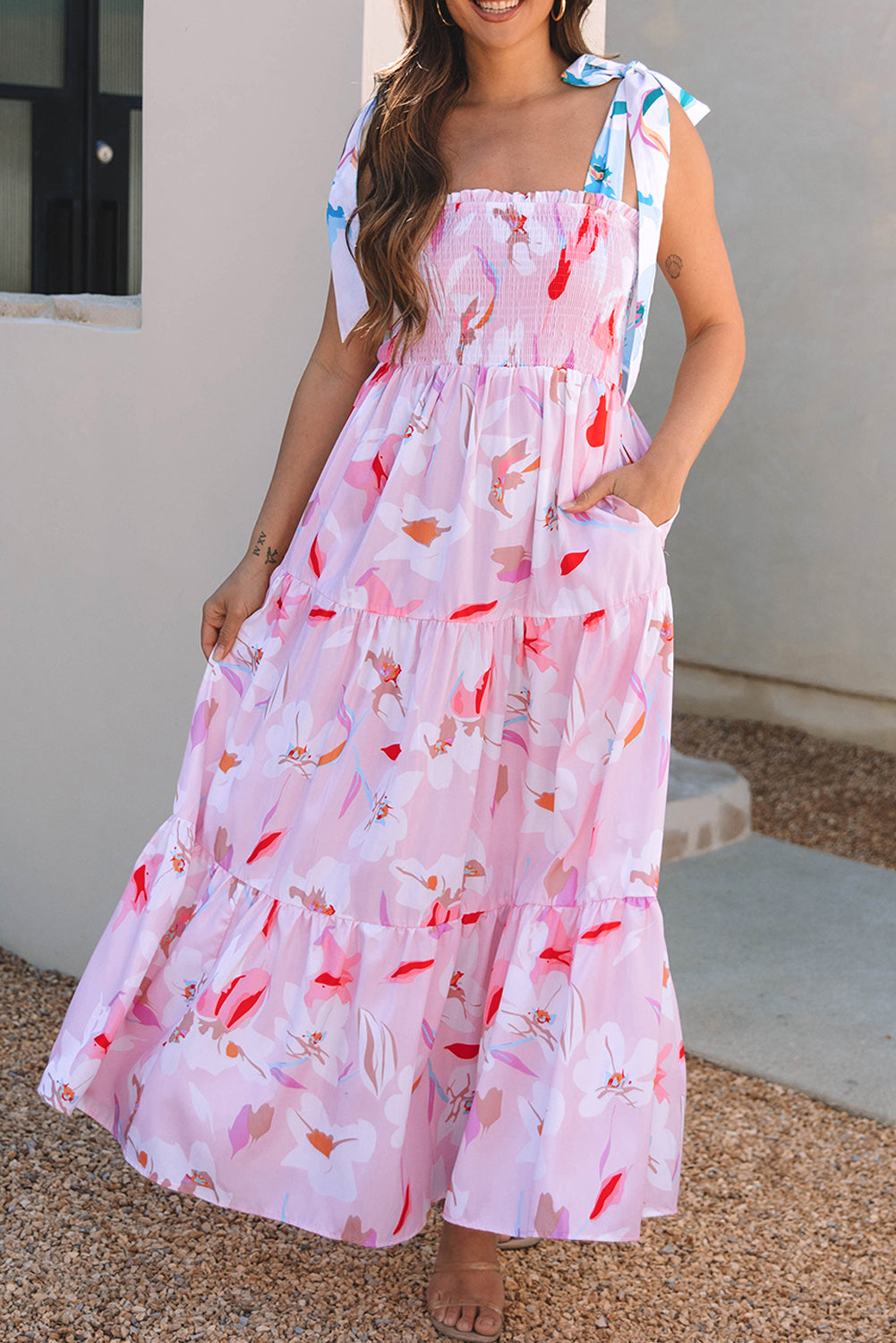 Pink Floral Print Maxi Dress