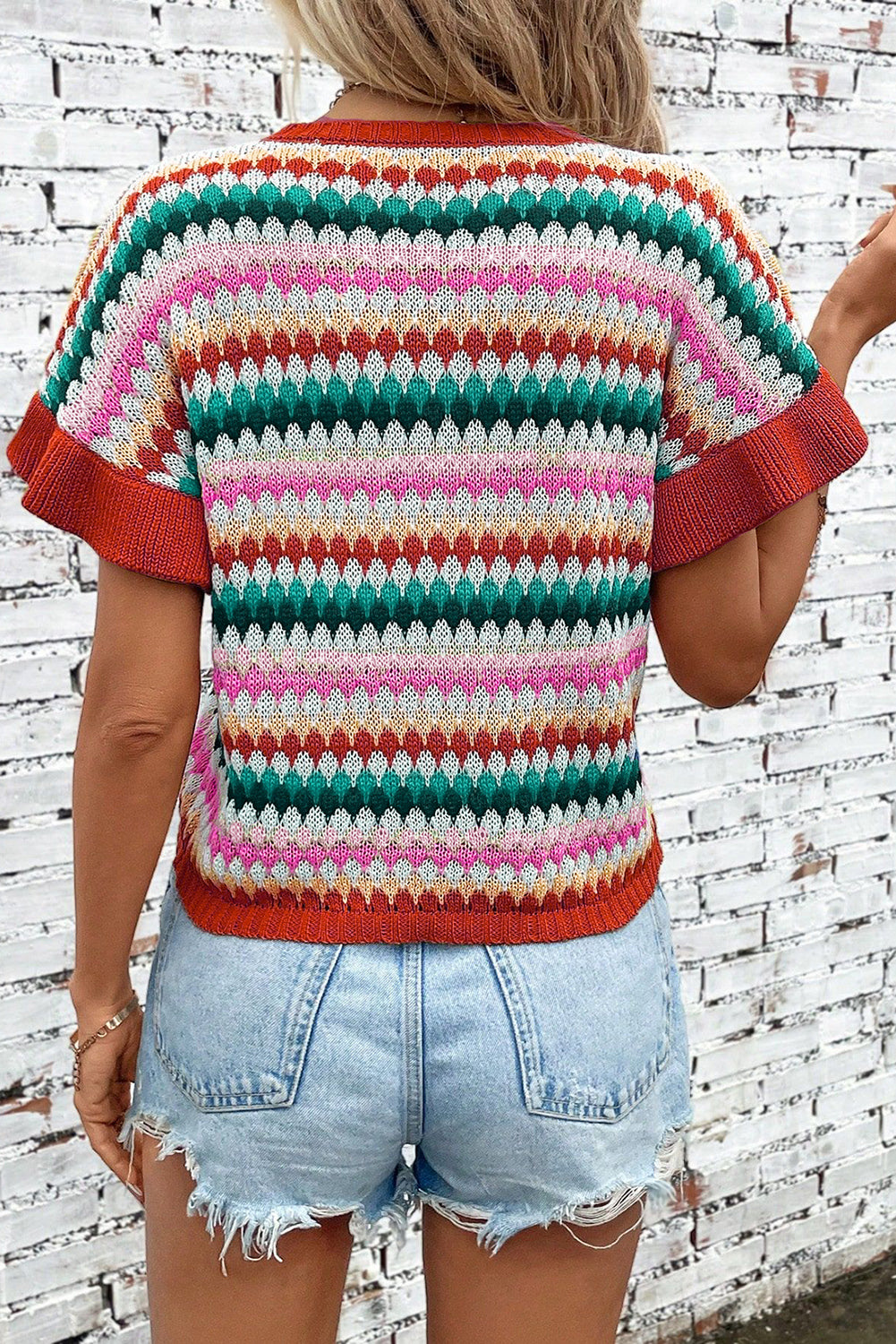 Trimmed Colorful Textured Sweater Top