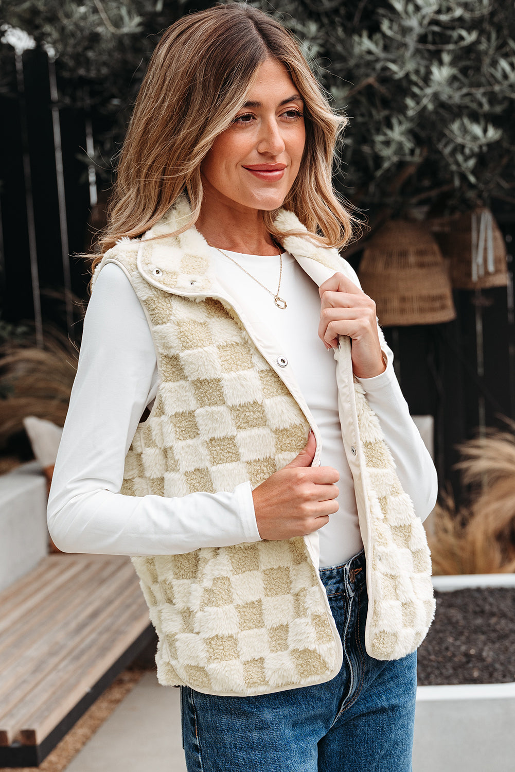 Khaki Sherpa Vest Jacket With Pocket