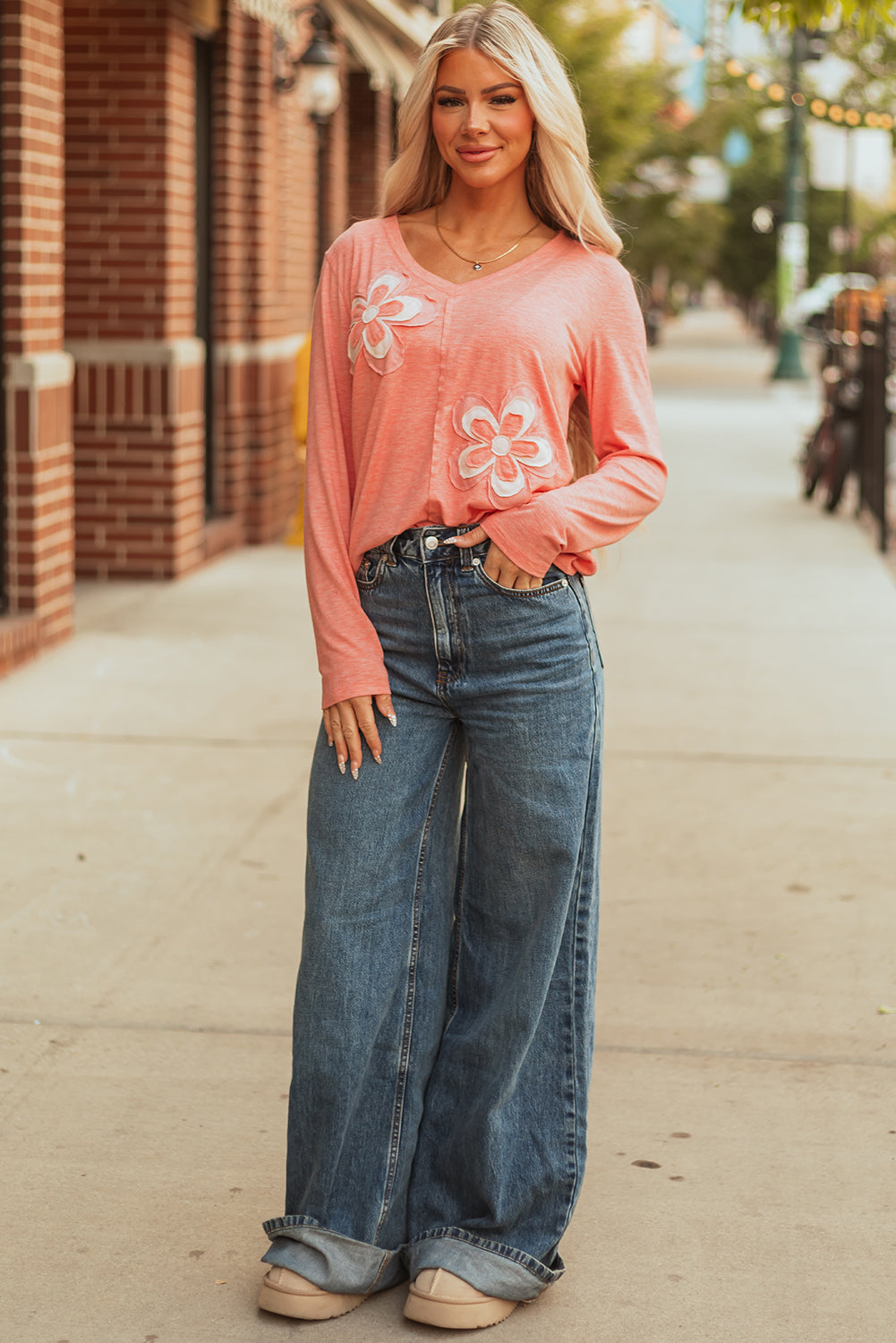 Salmon Floral Patchwork T Shirt