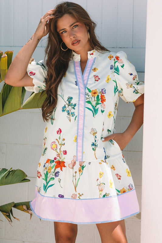 White Floral Print Short Puff Sleeve Dress