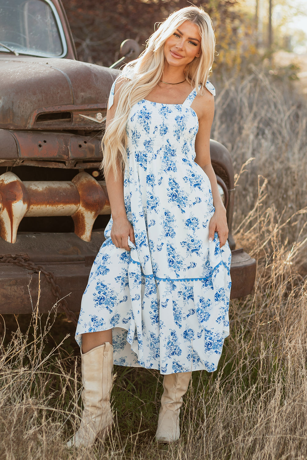 Sky Blue Floral Print Tie Strap Dress