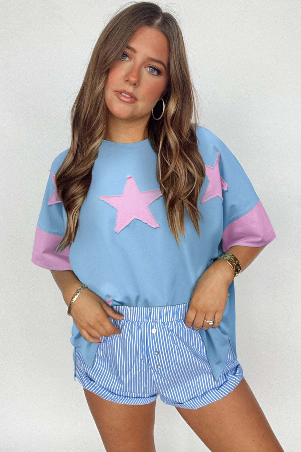 Frayed Denim Star Patched Oversize Shirt