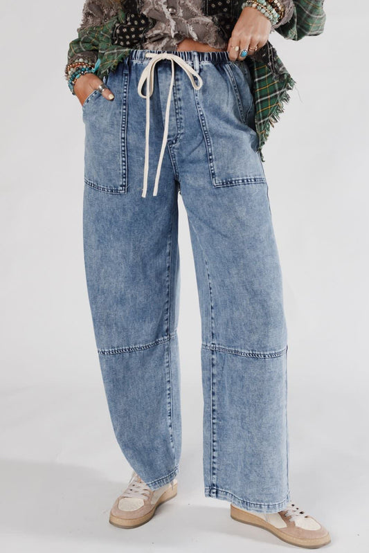 Blue Acid Wash Elastic Waistband Jeans