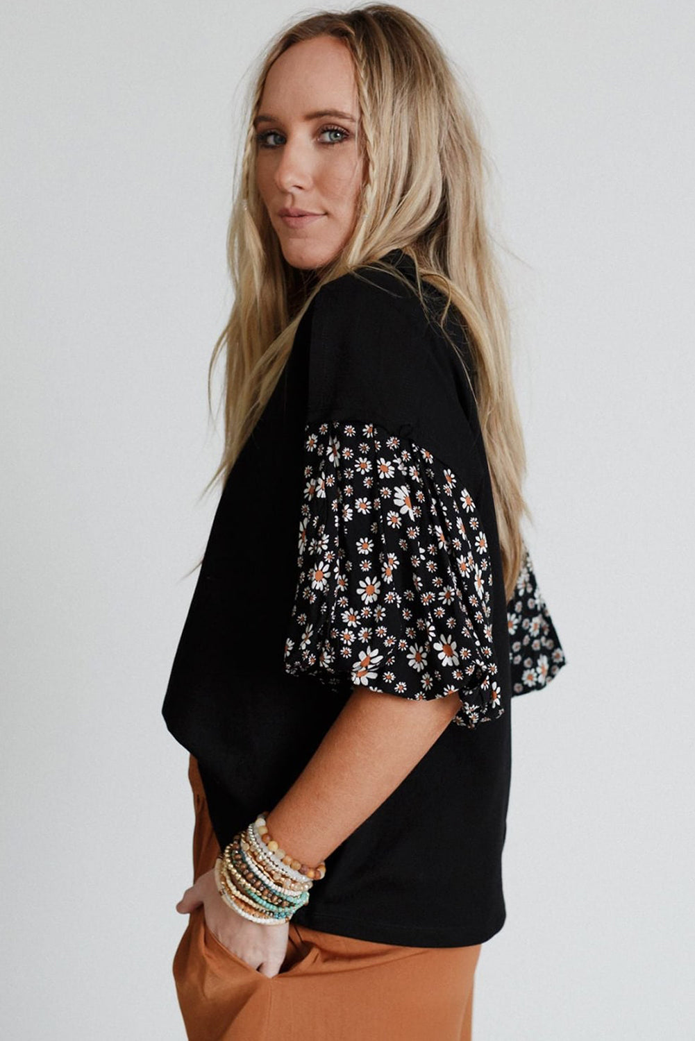 Black Floral Puff Oversized Top