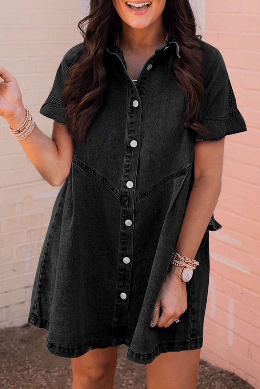 Black Frilled Denim Shirt Dress