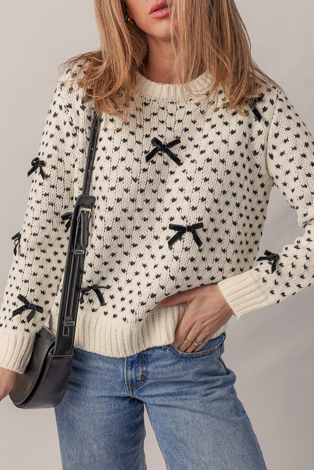 Beige Bow Crew Neck Sweater
