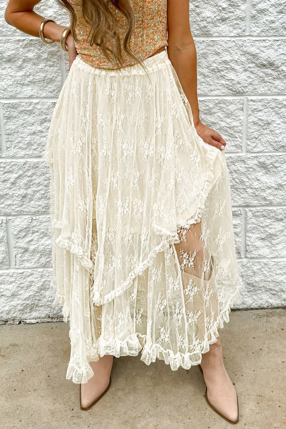 Beige Lace High Waist Maxi Skirt