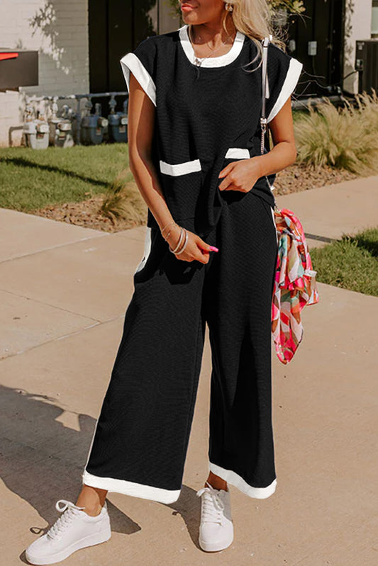 Black Color Block Wide Leg Pants Set