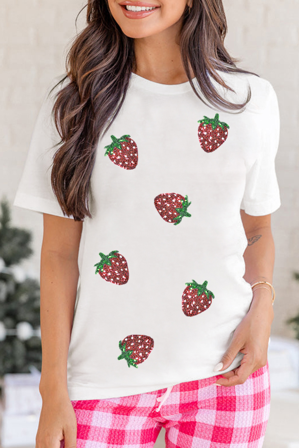 White Sequin Strawberry Tee