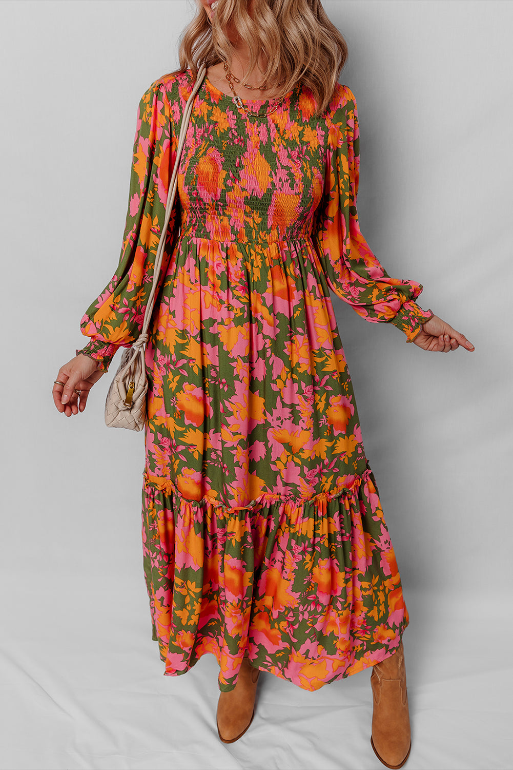 Orange Floral Puff Sleeve Dress