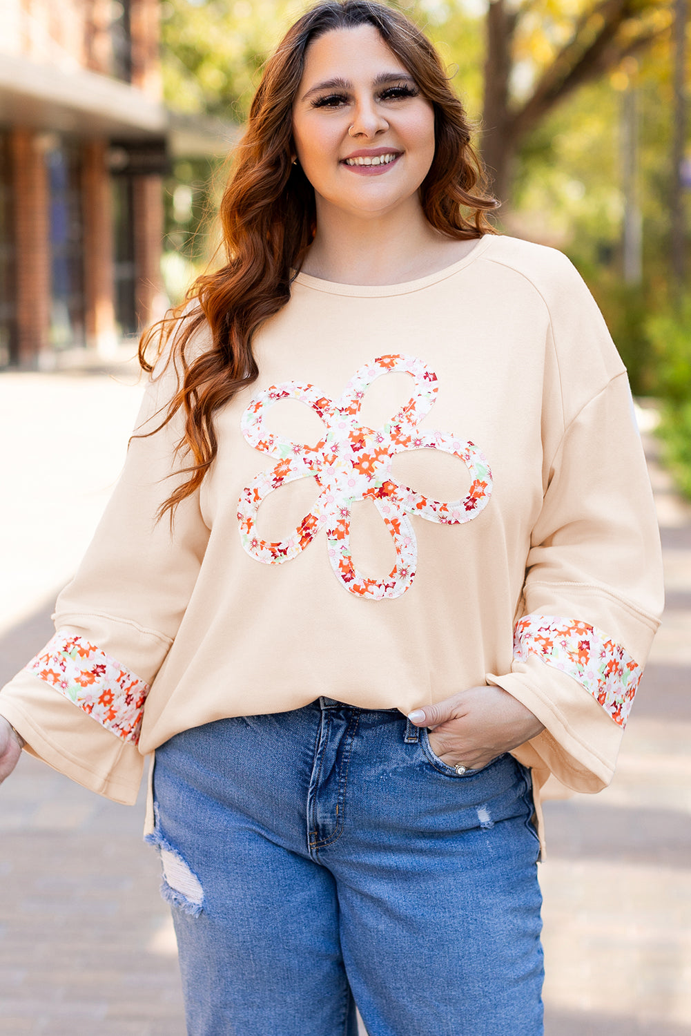 Beige Flower Crewneck Top