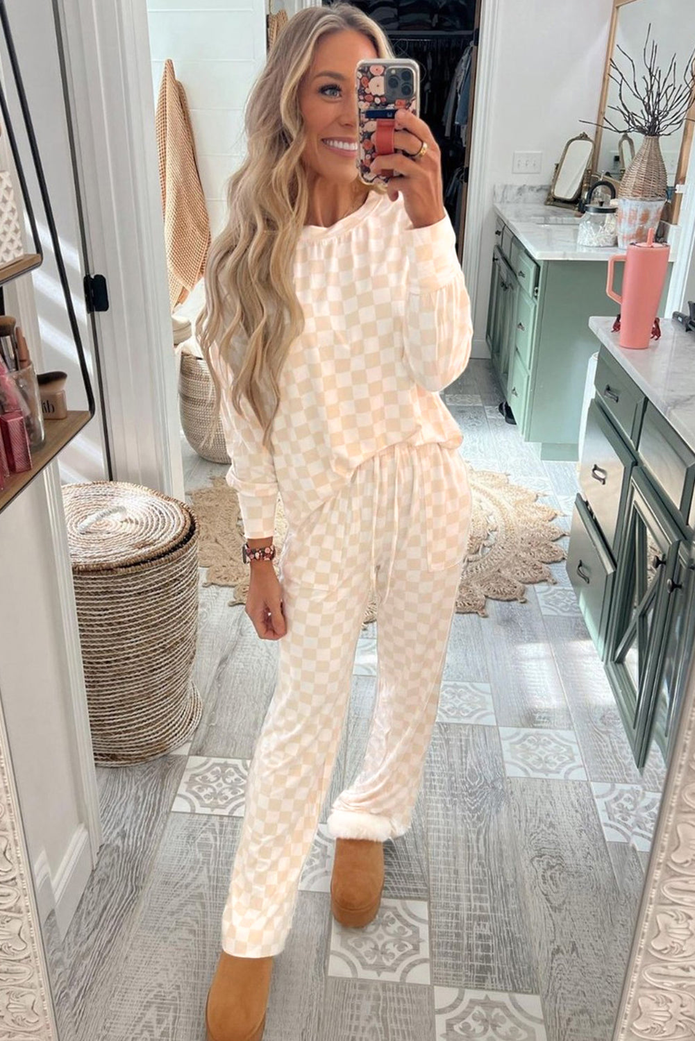 Beige Checkered Print Lounge Set