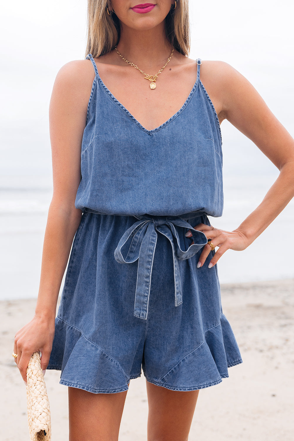 Blue Spaghetti Straps Romper