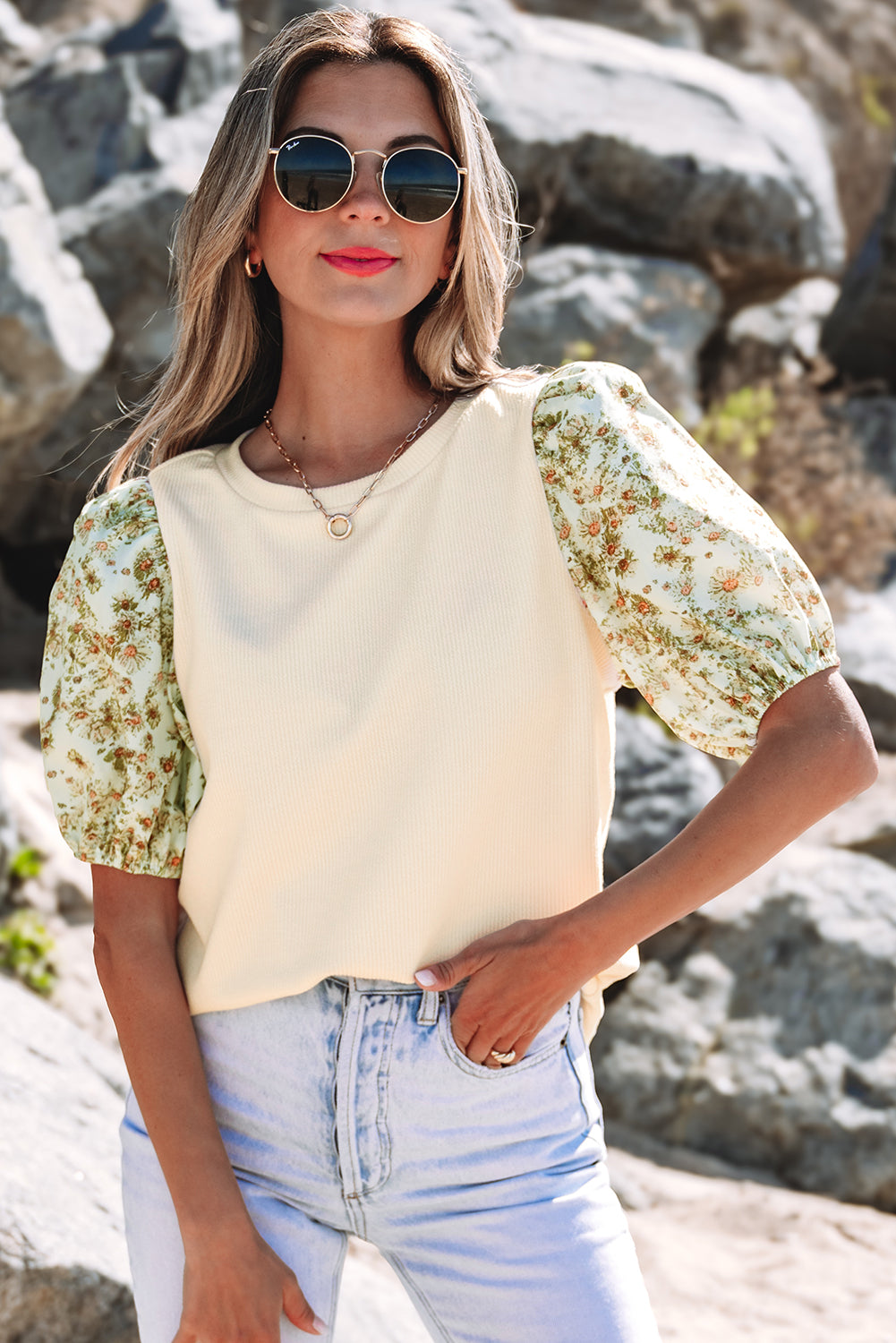 Beige Floral Patchwork Ribbed Top