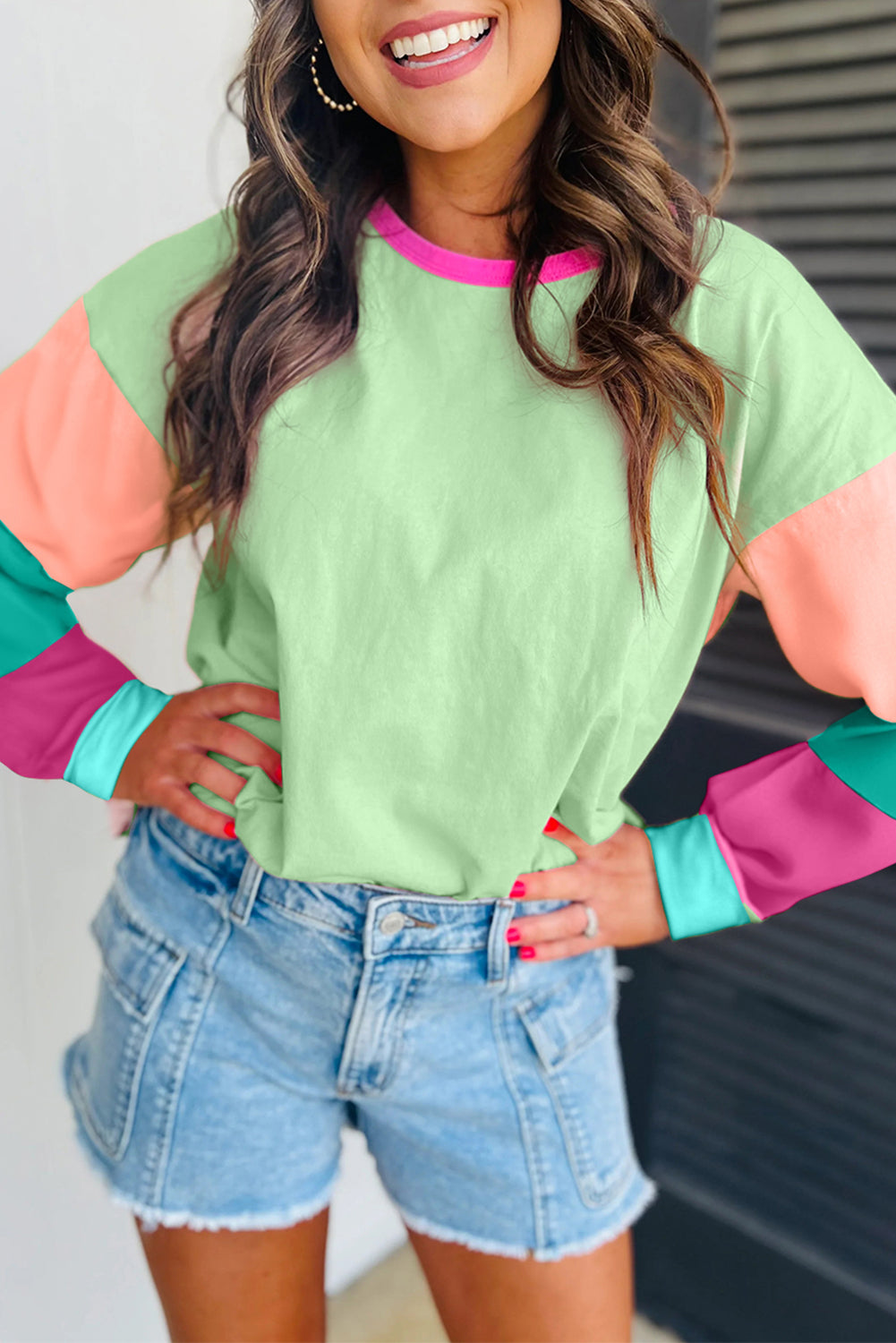 Green Colorblock Long Sleeve  Top