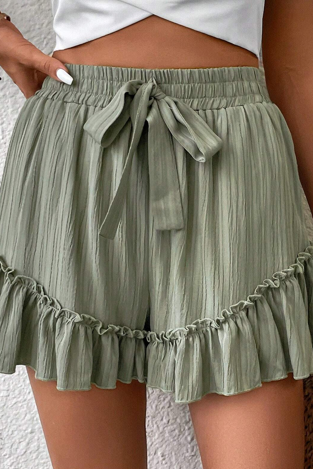 Green Textured Tie Waist Ruffle Shorts