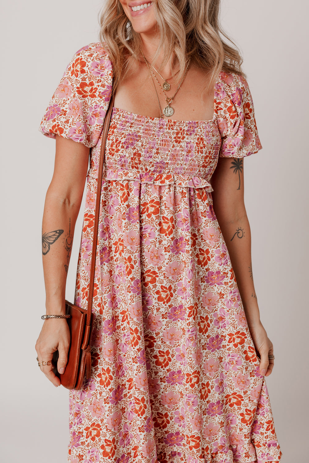 Pink Floral Square Neck Midi Dress