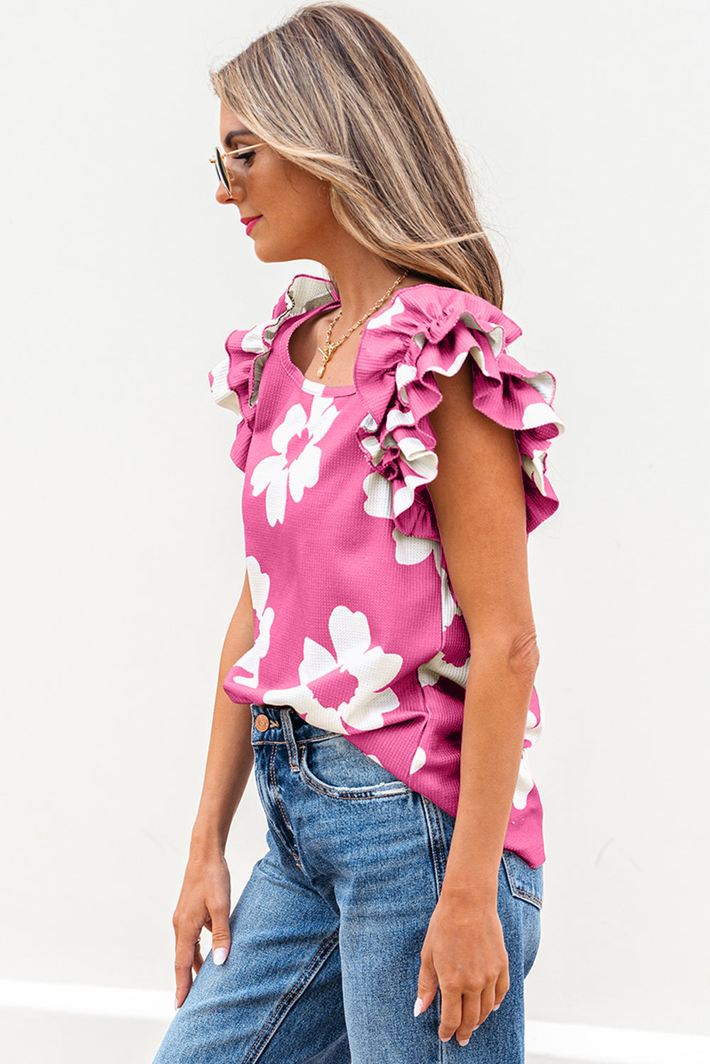 Pink Floral Ruffled Blouse