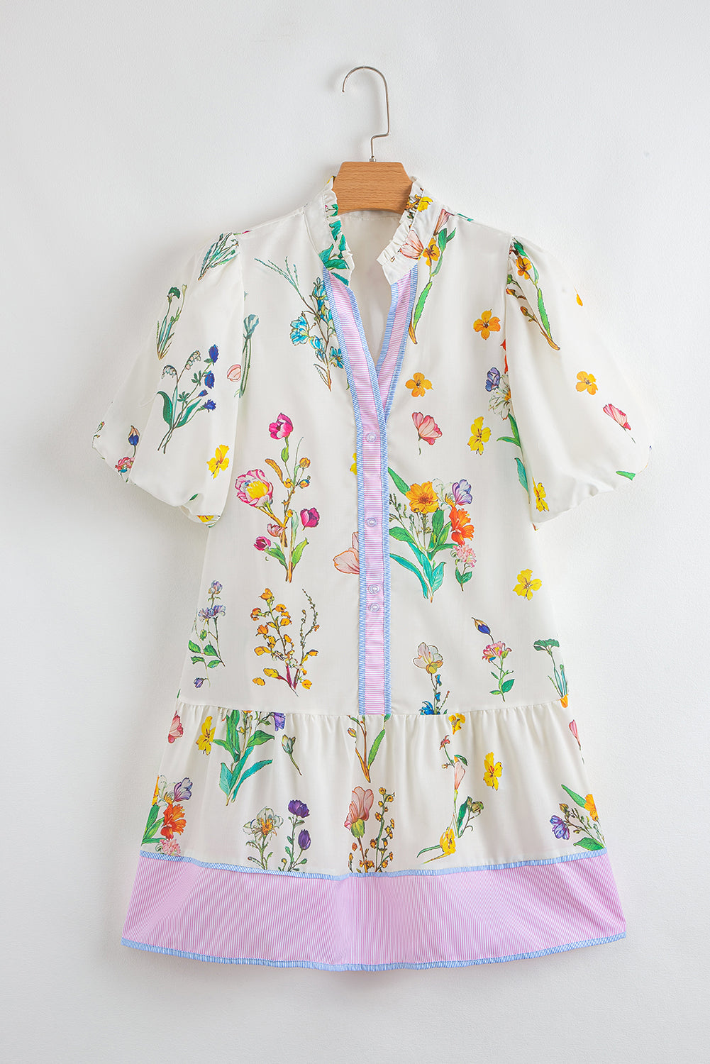 White Floral Print Short Puff Sleeve Dress