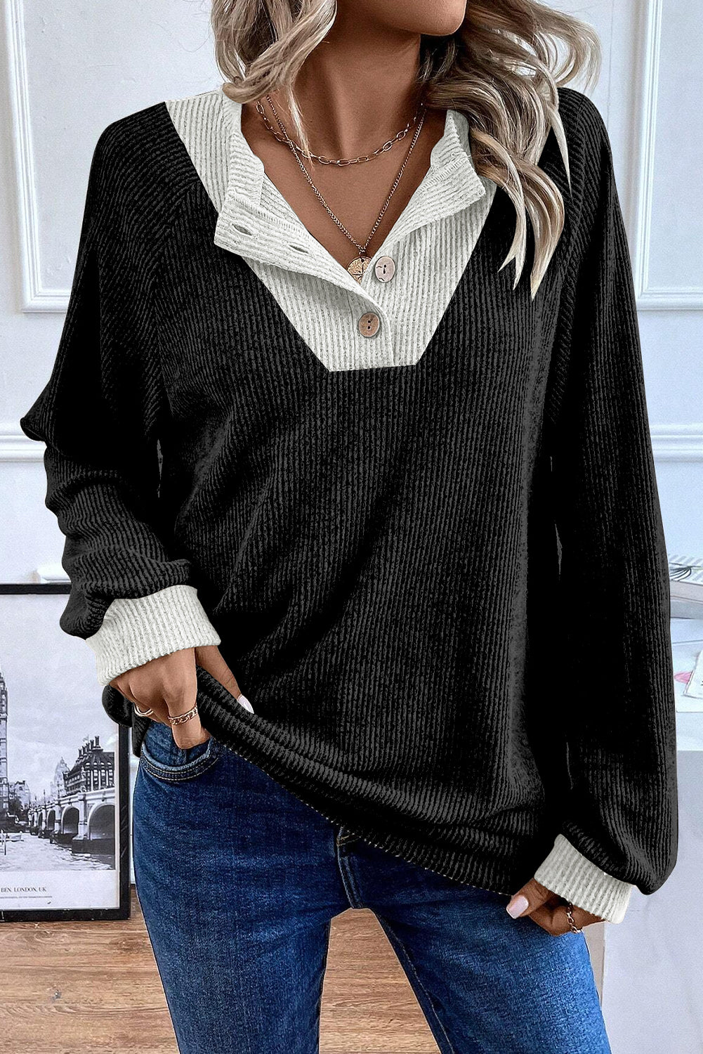 Black Ribbed Loose Fit Top