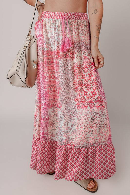Red Boho High Waist Maxi Skirt