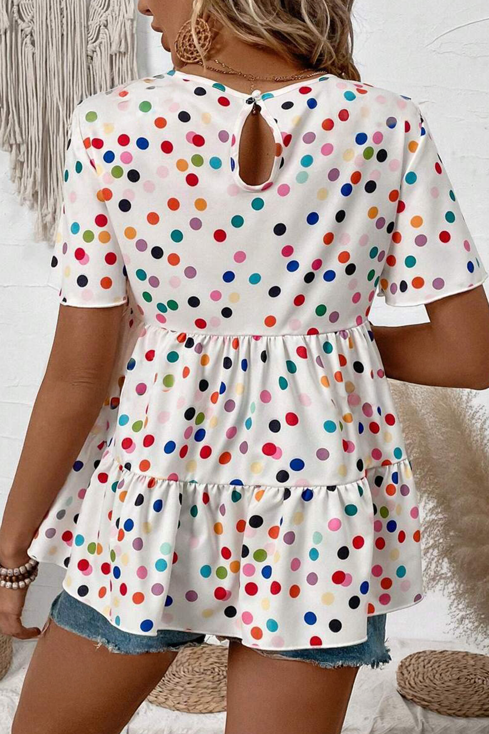 White Colorful Polka Dot Babydoll Blouse