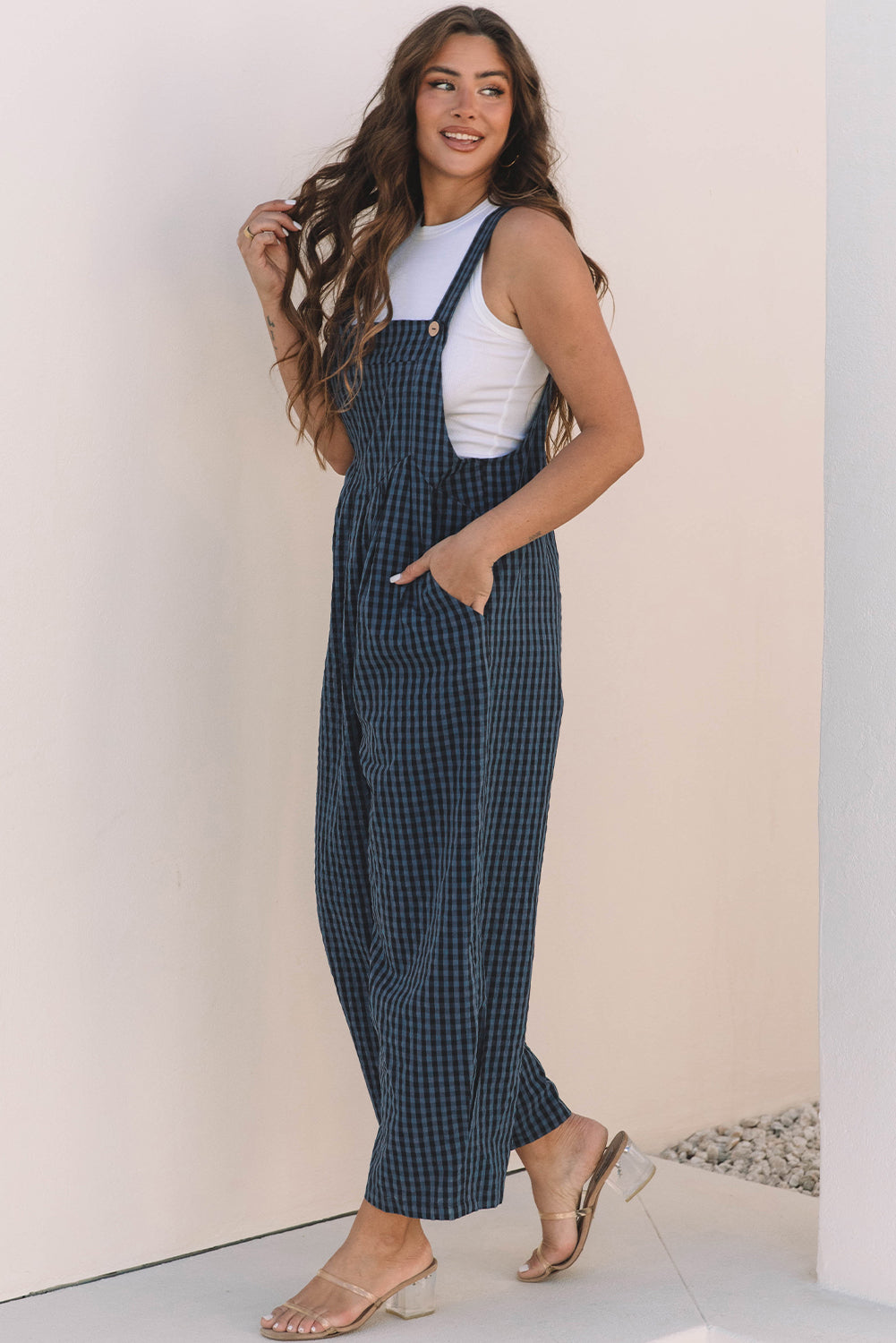 Blue Plaid Print High Waist Overall