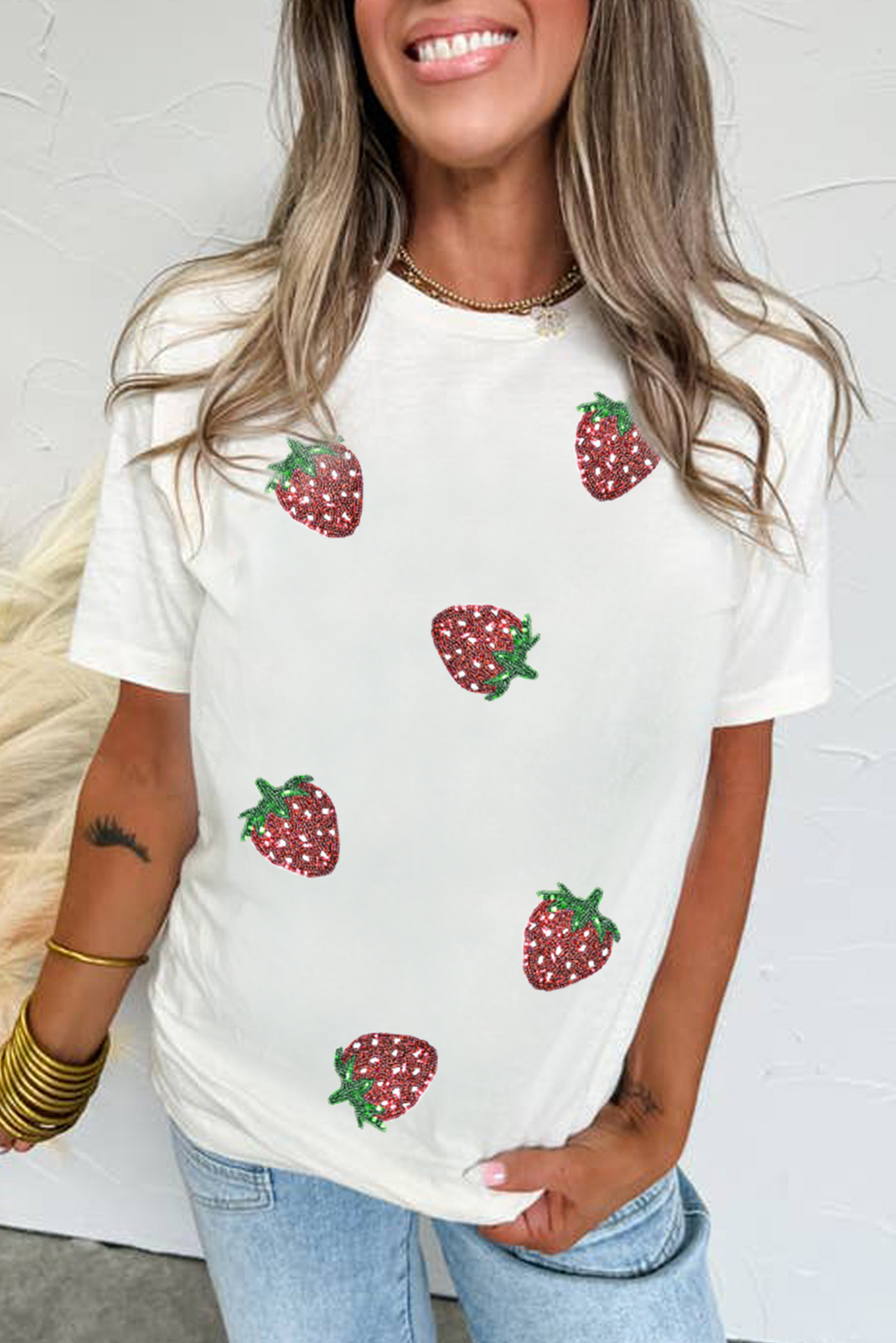 White Sequin Strawberry Tee