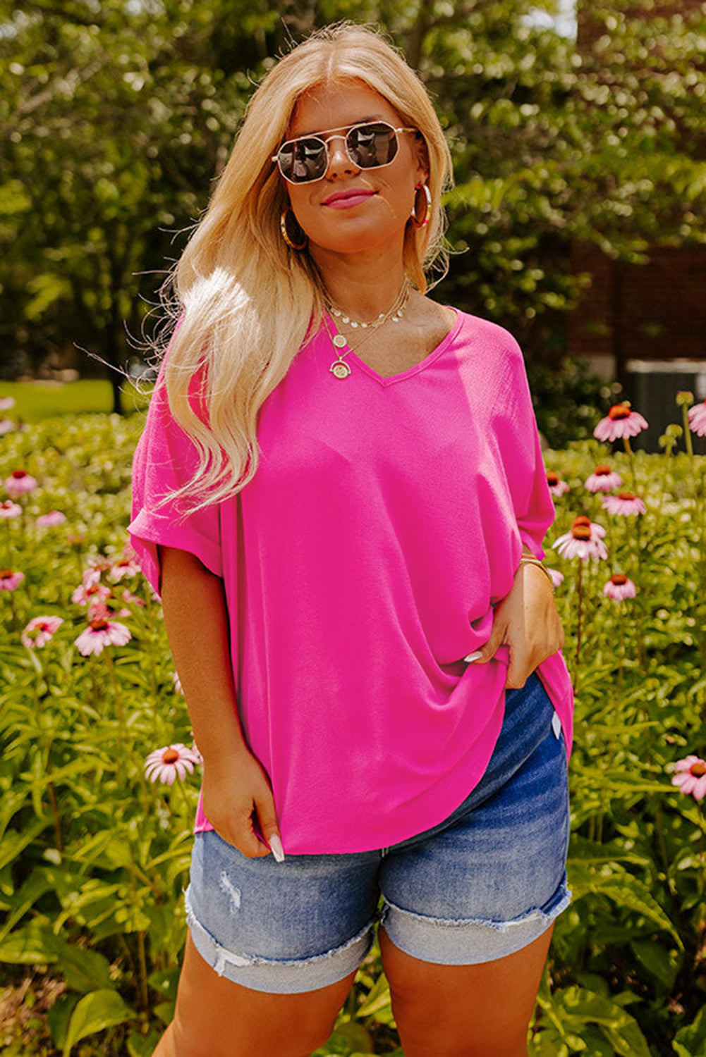 Bright Pink Cuffed Sleeve Tee