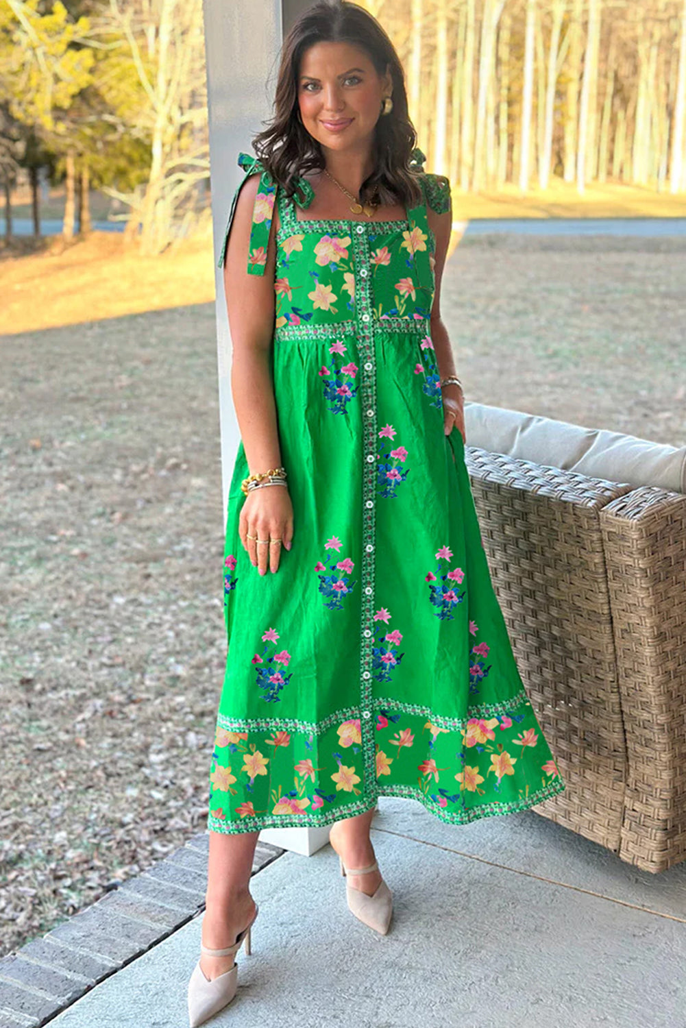 Green Floral Print Midi Dress
