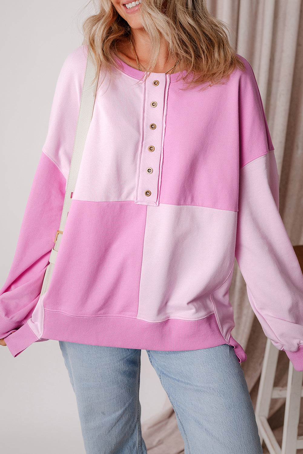 Pink Colorblock Henley Oversize Sweatshirt