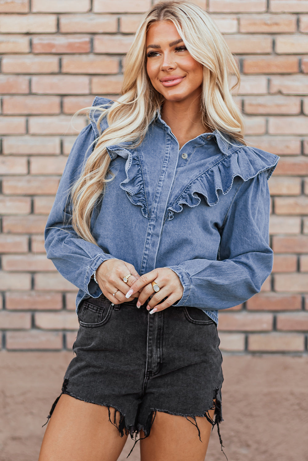 Dusk Blue Denim Ruffled Top