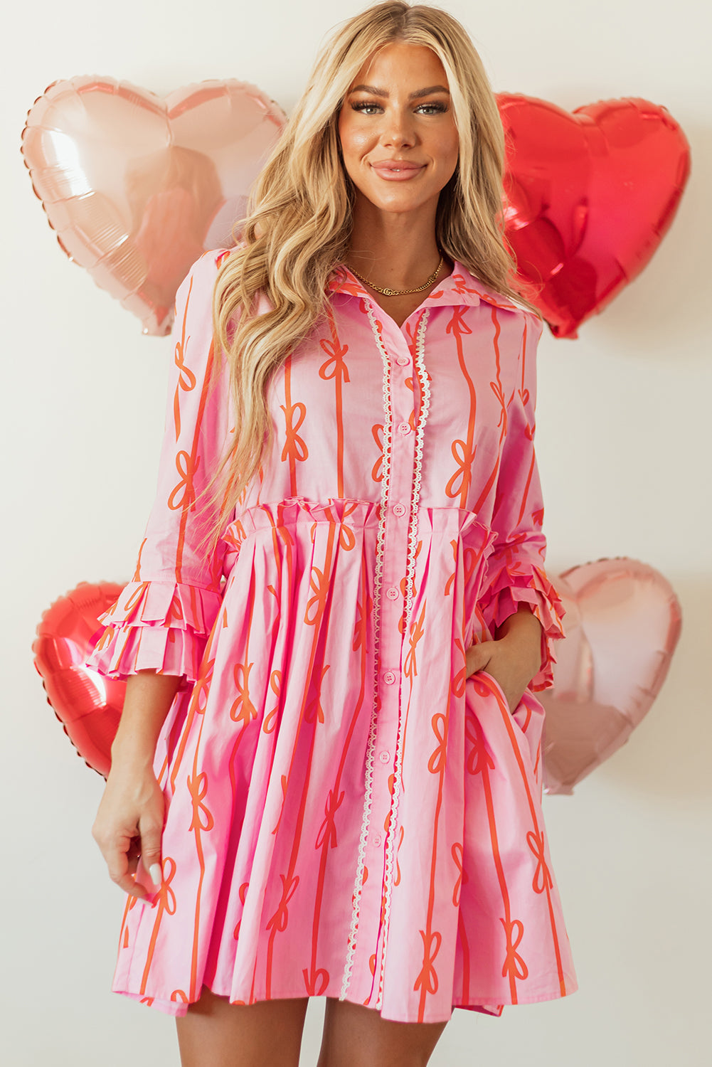 Pink Bowknot Mini Shirt Dress