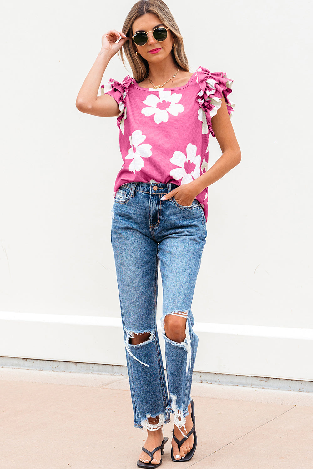 Pink Floral Ruffled Blouse