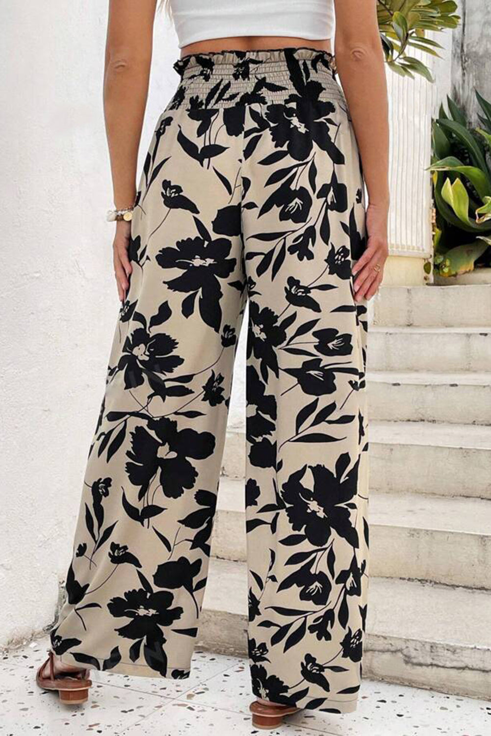 Khaki Floral Print Wide Leg Pants