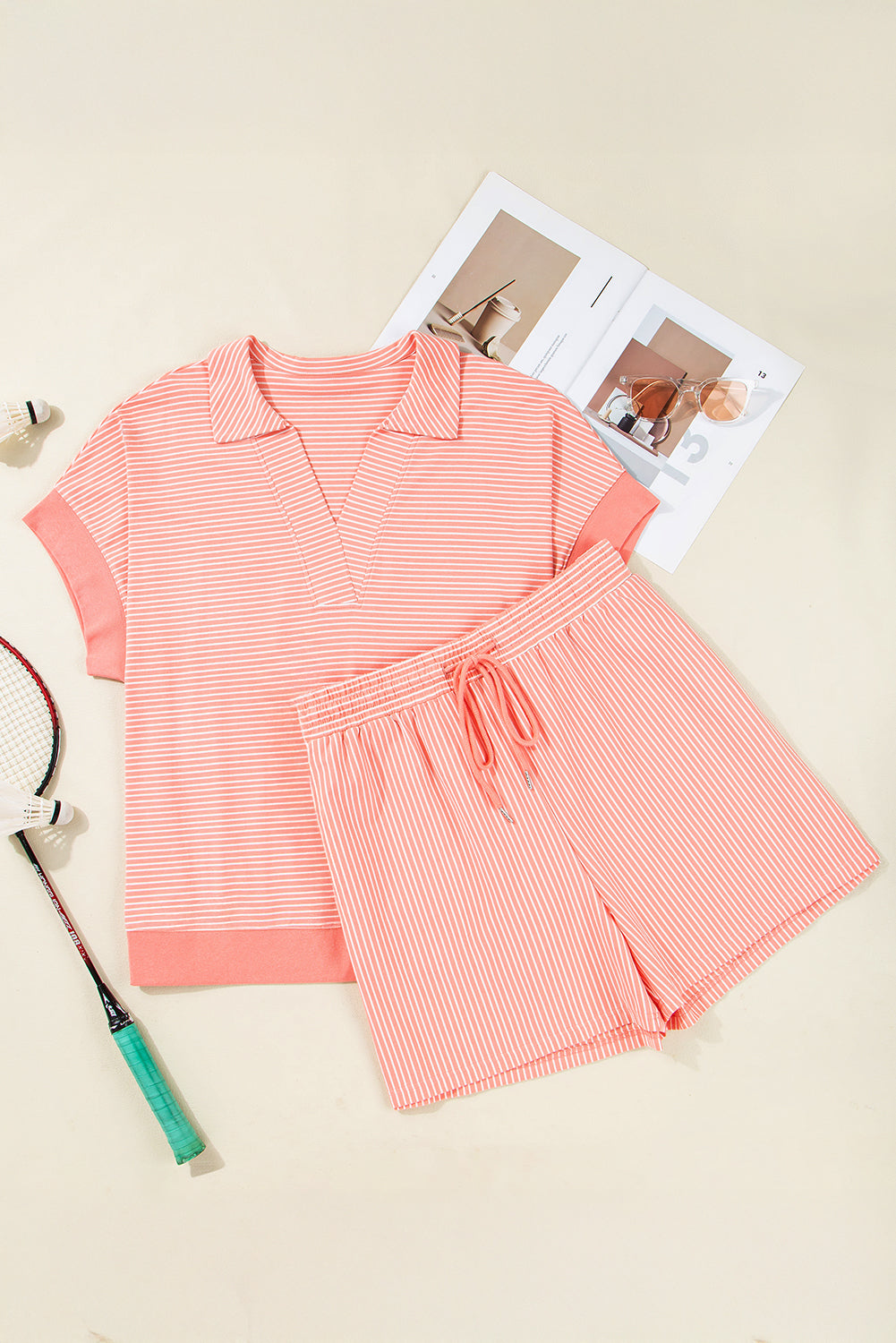 Orange Stripe Loose Polo & Shorts Set