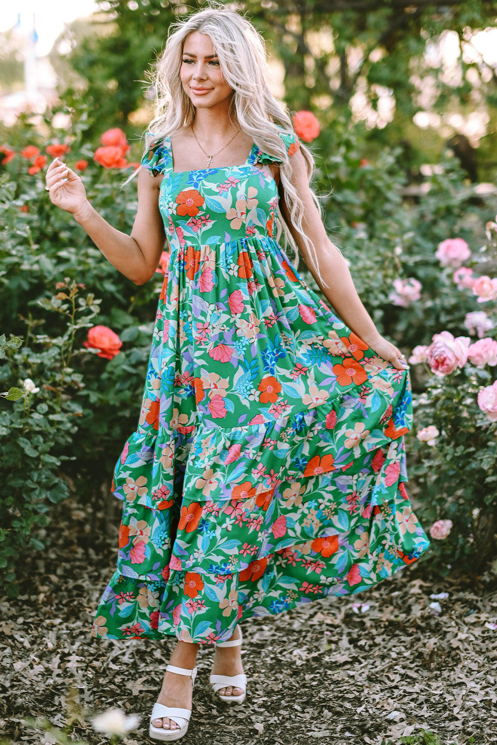 Green Floral Print Maxi Dress